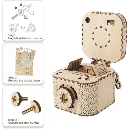  [아마존베스트]ROKR 3D Assembly Wooden Puzzle DIY Crafts Kit Fun Creative DIY Toy Treasure Box Brain Teaser Mechanical Engineering Model Building Kits Educational Toy Birthday Gift for Adults and