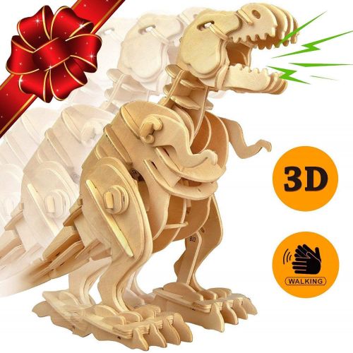  ROKR Walking Trex Dinosaur 3D Wooden Puzzle Building Craft Kit T-Rex Toy for Kids,Sound Control Robot Model for Children 7 8 9 10 11 12 Year Old-Best Educational Gifts for Boys and