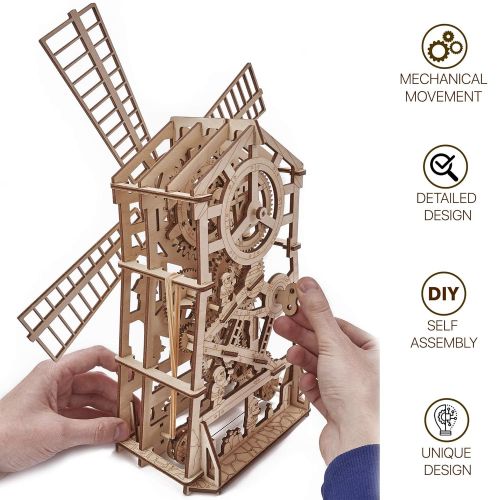  ROKR Wood Trick Mechanical Windmill Toy with Clockwork Mechanism - Wooden Windmill Kit to Build - 3D Wooden Puzzle - STEM Toys for Boys and Girls