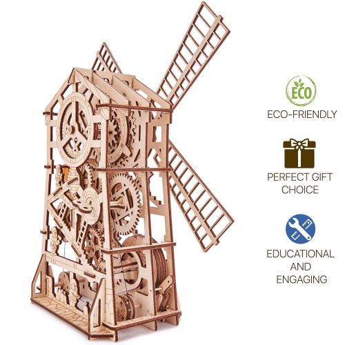  ROKR Wood Trick Mechanical Windmill Toy with Clockwork Mechanism - Wooden Windmill Kit to Build - 3D Wooden Puzzle - STEM Toys for Boys and Girls