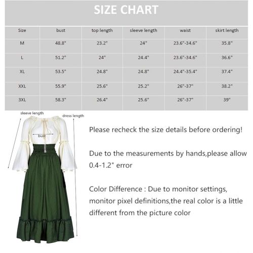  ROLECOS Womens Renaissance Medieval Costume Trumpet Sleeve Peasant Shirt and Skirt
