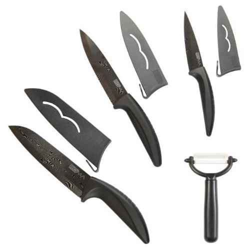  ROMA-Design Exklusives 4-teiliges Keramikmesser Set mit schwarzen Klingen im Damascus Style, Designergriffen und Klingenschutz inkl. Keramikschalmesser