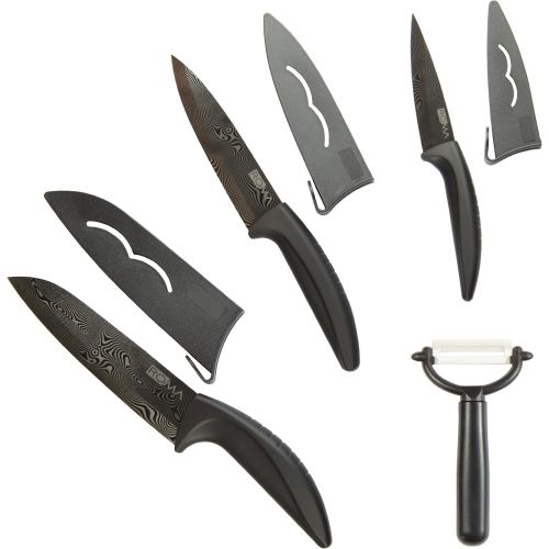  ROMA-Design Exklusives 4-teiliges Keramikmesser Set mit schwarzen Klingen im Damascus Style, Designergriffen und Klingenschutz inkl. Keramikschalmesser