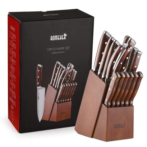  Knife Set,15-Piece Kitchen Knife Set with Block Wooden,Chef Knife Set with Sharpener,Germany High Carbon Stainless Steel Knife Block Set,Boxed Knife Sets,ROMEKER