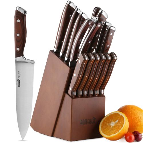  Knife Set,15-Piece Kitchen Knife Set with Block Wooden,Chef Knife Set with Sharpener,Germany High Carbon Stainless Steel Knife Block Set,Boxed Knife Sets,ROMEKER