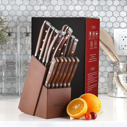  Knife Set,15-Piece Kitchen Knife Set with Block Wooden,Chef Knife Set with Sharpener,Germany High Carbon Stainless Steel Knife Block Set,Boxed Knife Sets,ROMEKER