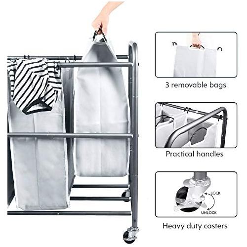  ROMOON Laundry Sorter, 3 Bag Laundry Hamper Sorter with Rolling Heavy Duty Casters, Laundry Organizer Cart for Clothes Storage, Gray