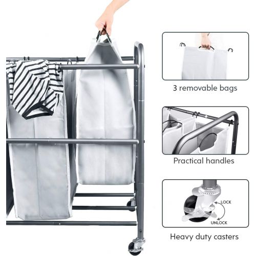  ROMOON Laundry Sorter, 3 Bag Laundry Hamper Sorter with Rolling Heavy Duty Casters, Laundry Organizer Cart for Clothes Storage, Gray