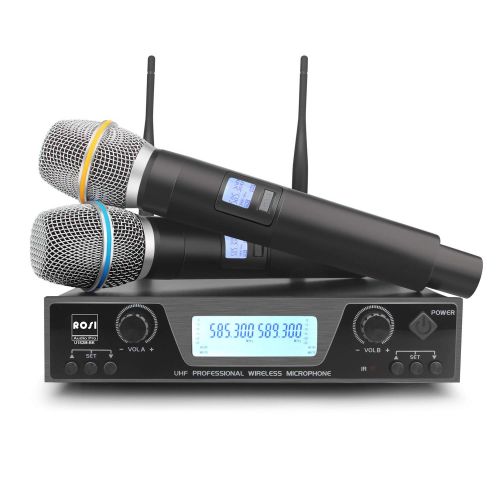  ROSI AUDIO PRO ROSI UHF Wireless Microphone System 200 Channel Wireless Microphone Set with 2 Handheld Mics with 300ft Long Range Professional Performance for Outdoor Wedding, Church, Conference,