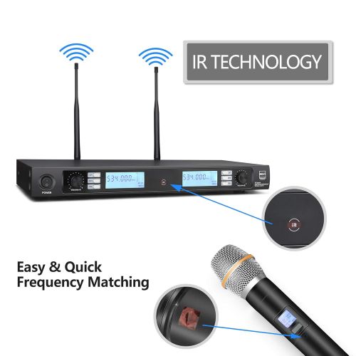  ROSI AUDIO PRO ROSI Professional Wireless Microphone System with 2 Handheld Mics Dual Channel UHF Wireless Microphone with 200 Selectable Frequencies 300Ft Range Ideal for weddings, Karaoke, soci