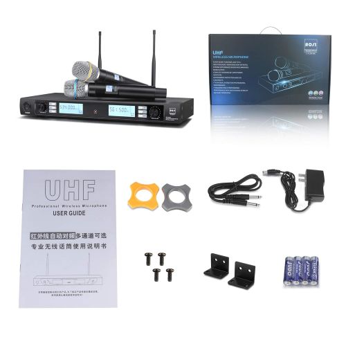  ROSI AUDIO PRO ROSI Professional Wireless Microphone System with 2 Handheld Mics Dual Channel UHF Wireless Microphone with 200 Selectable Frequencies 300Ft Range Ideal for weddings, Karaoke, soci