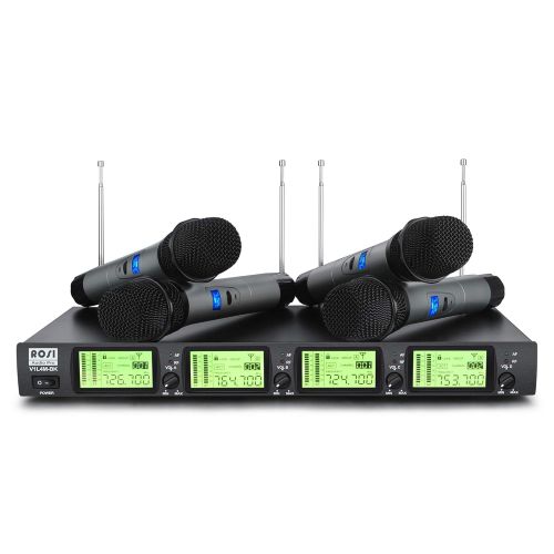  ROSI AUDIO PRO ROSI 4-Channel Wireless Microphone Mic System with 4 Handheld Mics 200Ft Operating Range for Presentation, Wedding, Church, Karaoke night