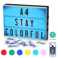 Cinema Light Box, ROTEK A4 Size 7 Colors Remote-Controlled LED Rechargeble Light Box with 189 Letters,Built-in Battery DIY Light Box for Wedding, Halloween, Chrismas,Dorm Room Deco