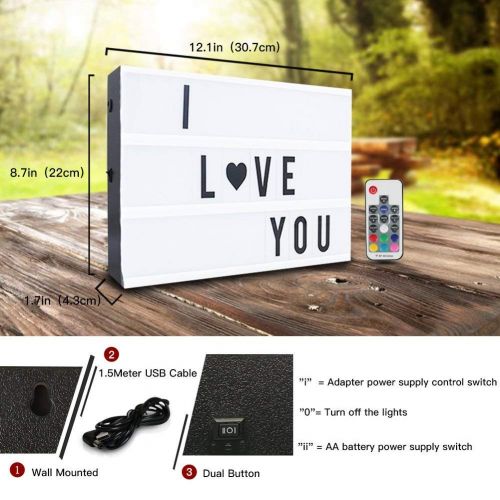  Cinema Light Box, ROTEK A4 Size 7 Colors Remote-Controlled LED Rechargeble Light Box with 189 Letters,Built-in Battery DIY Light Box for Wedding, Halloween, Chrismas,Dorm Room Deco