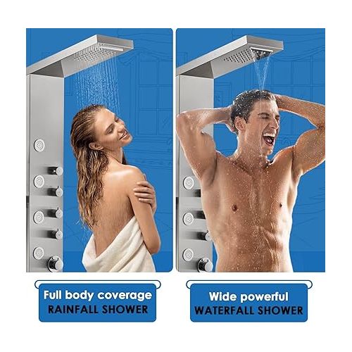  ROVOGO Shower Panel Tower with Rainfall Waterfall Shower Head, 5 Body Jets and 3-Function Handheld, Rain Massage System, Wall-Mount Shower Column, Stainless Steel Brushed