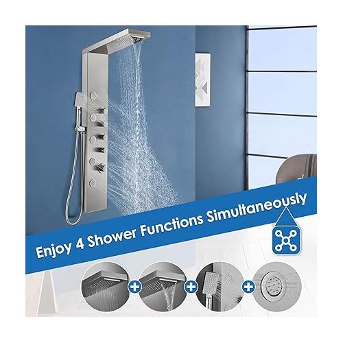  ROVOGO Shower Panel Tower with Rainfall Waterfall Shower Head, 5 Body Jets and 3-Function Handheld, Rain Massage System, Wall-Mount Shower Column, Stainless Steel Brushed