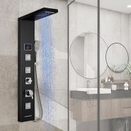 ROVOGO Shower Panel Tower System with LED Lights - No Battery Needed, Shower Column with Rainfall Waterfall Shower, Body Jets, Handheld Shower and Tub Spout, Black