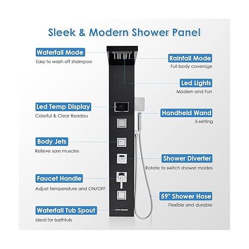  ROVOGO Shower Panel Tower System with LED Lights - No Battery Needed, Shower Column with Rainfall Waterfall Shower, Body Jets, Handheld Shower and Tub Spout, Black