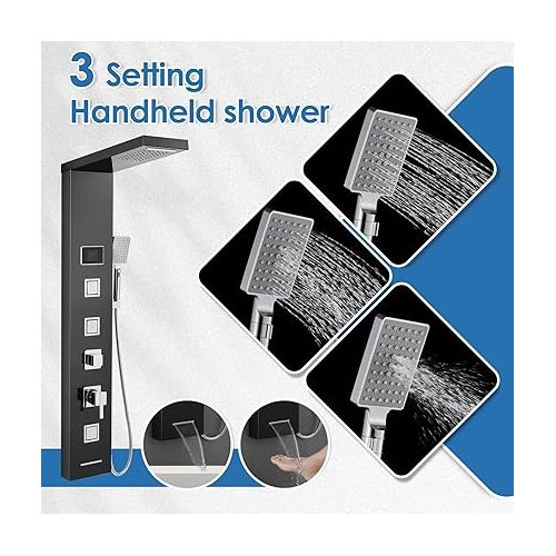  ROVOGO Shower Panel Tower System with LED Lights - No Battery Needed, Shower Column with Rainfall Waterfall Shower, Body Jets, Handheld Shower and Tub Spout, Black