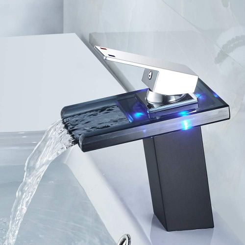  ROVOGO Bathroom Sink Faucet with 3-Color Changing LED Light Waterfall Spout, Single Handle Single Hole Cold and Hot Water Mixer Vanity Sink Tap, Brass Body with Black/Chrome Finish