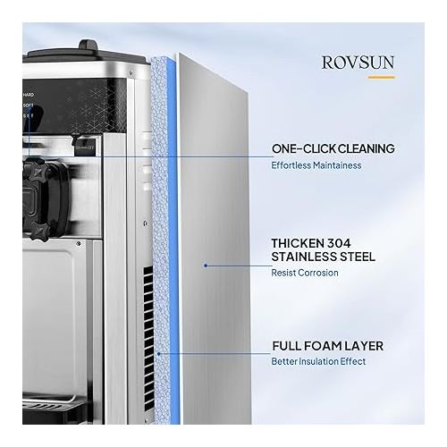  ROVSUN Commercial Ice Cream Maker 5.3 to 7.4 Gal/H with 3 Flavors LCD Touch Screen Auto Clean, Soft Serve Ice Cream Machine Countertop with 2 X 1.6 Gal Hoppers for Cafe, Restaurant, Snack Bar 2200W