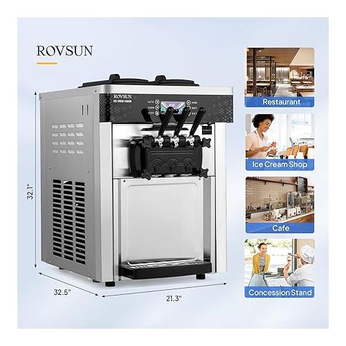  ROVSUN Commercial Ice Cream Maker 5.3 to 7.4 Gal/H with 3 Flavors LCD Touch Screen Auto Clean, Soft Serve Ice Cream Machine Countertop with 2 X 1.6 Gal Hoppers for Cafe, Restaurant, Snack Bar 2200W