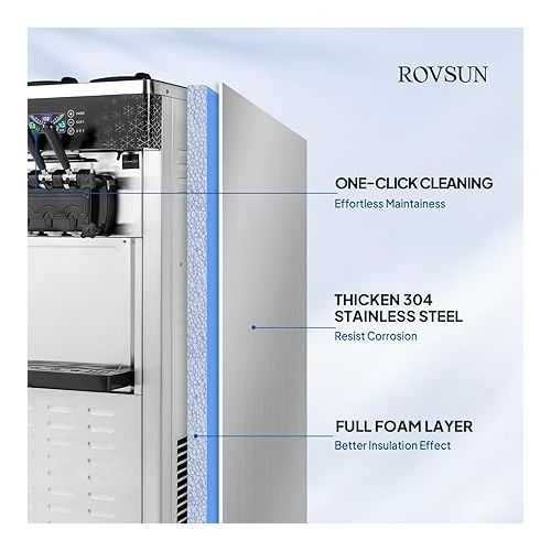  ROVSUN Commercial Ice Cream Maker 5.3 to 7.4 Gal/H with Wheels 3 Flavors LCD Touch Screen Auto Clean, Soft Serve Ice Cream Machine with 2 X 1.6 Gal Hoppers for Cafe, Restaurant, Snack Bar 2200W