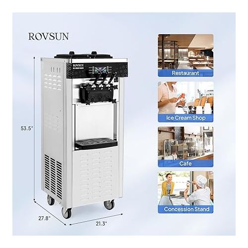  ROVSUN Commercial Ice Cream Maker 5.3 to 7.4 Gal/H with Wheels 3 Flavors LCD Touch Screen Auto Clean, Soft Serve Ice Cream Machine with 2 X 1.6 Gal Hoppers for Cafe, Restaurant, Snack Bar 2200W