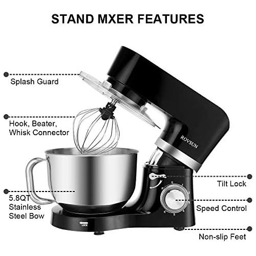  [아마존베스트]ROVSUN 5.8 Quart Stand Mixer, 660W 6-Speed Electric Tilt-Head Kitchen Food Mixer with Stainless Steel Bowl, Dough Hook, Beater, Whisk (Black)