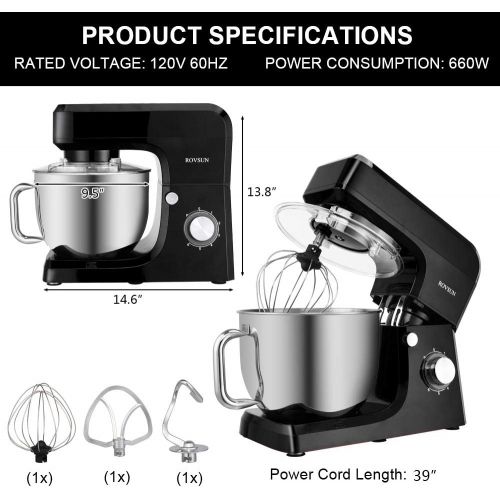  [아마존베스트]ROVSUN 5.8 Quart Stand Mixer, 660W 6-Speed Electric Tilt-Head Kitchen Food Mixer with Stainless Steel Bowl, Dough Hook, Beater, Whisk (Black)