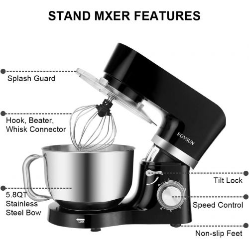  [아마존베스트]ROVSUN 5.8 Quart Stand Mixer, 660W 6-Speed Electric Tilt-Head Kitchen Food Mixer with Stainless Steel Bowl, Dough Hook, Beater, Whisk (Black)