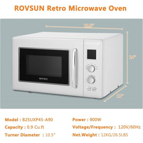  ROVSUN 0.9 Cu.ft Retro Countertop Microwave Oven, 900W, 5 Micro Power, Auto Cooking & Delayed Start Function, with Glass Turntable, Viewing Window, Child Lock, ETL Certificated (Wh