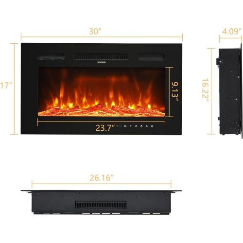  ROVSUN 30inch Electric Fireplace w/ Remote Control, Recessed & Wall-Mounted Heater w/ 12 Flame Colors, Timer, Touch Screen Control Panel & Display, Adjustable Temperature, cETL Cer