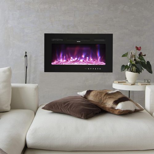  ROVSUN 30inch Electric Fireplace w/ Remote Control, Recessed & Wall-Mounted Heater w/ 12 Flame Colors, Timer, Touch Screen Control Panel & Display, Adjustable Temperature, cETL Cer