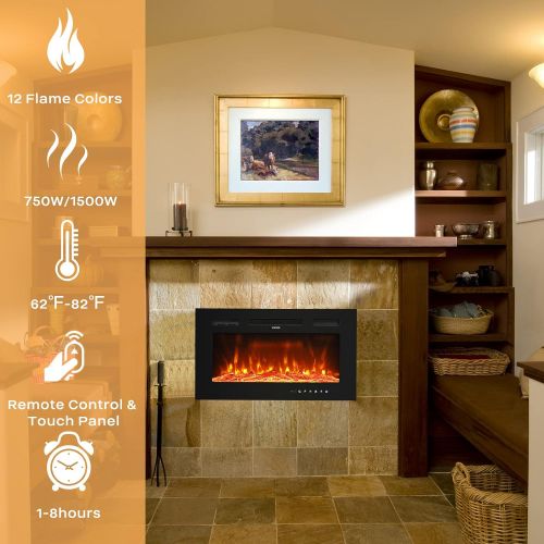  ROVSUN 30inch Electric Fireplace w/ Remote Control, Recessed & Wall-Mounted Heater w/ 12 Flame Colors, Timer, Touch Screen Control Panel & Display, Adjustable Temperature, cETL Cer