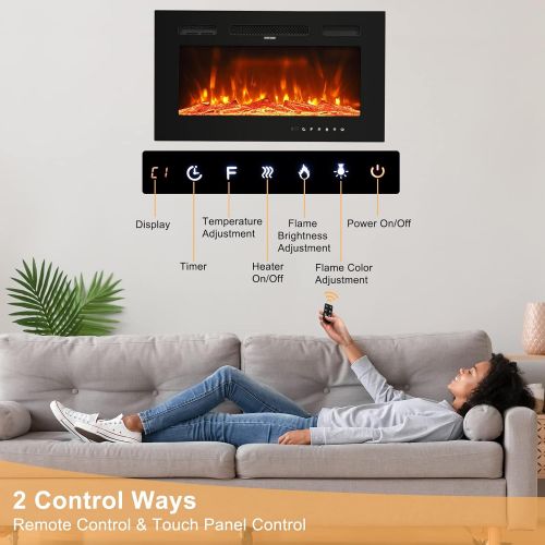  ROVSUN 30inch Electric Fireplace w/ Remote Control, Recessed & Wall-Mounted Heater w/ 12 Flame Colors, Timer, Touch Screen Control Panel & Display, Adjustable Temperature, cETL Cer