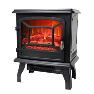 ROVSUN 20 H Electric Fireplace Stove Space Heater 1400W Portable Freestanding with Thermostat, Realistic Flame Logs Vintage Design for Corners, 110V,CSA Approved