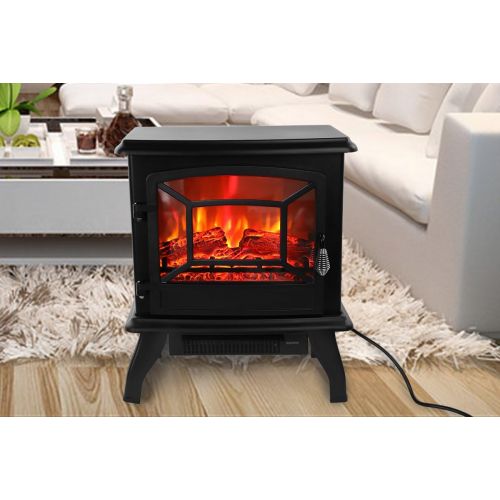  ROVSUN 20 H Electric Fireplace Stove Space Heater 1400W Portable Freestanding with Thermostat, Realistic Flame Logs Vintage Design for Corners, 110V,CSA Approved
