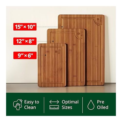  ROYAL CRAFT WOOD Wooden Cutting Boards for Kitchen Meal Prep & Serving - Bamboo Wood Serving Board Set with Deep Juice Groove Side Handles - Charcuterie & Chopping Butcher Block for Meat (3 Pcs)