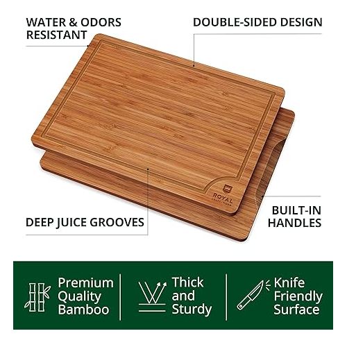  ROYAL CRAFT WOOD Wooden Cutting Boards for Kitchen Meal Prep & Serving - Bamboo Wood Serving Board Set with Deep Juice Groove Side Handles - Charcuterie & Chopping Butcher Block for Meat (3 Pcs)