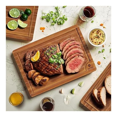  ROYAL CRAFT WOOD Wooden Cutting Boards for Kitchen Meal Prep & Serving - Bamboo Wood Serving Board Set with Deep Juice Groove Side Handles - Charcuterie & Chopping Butcher Block for Meat (3 Pcs)