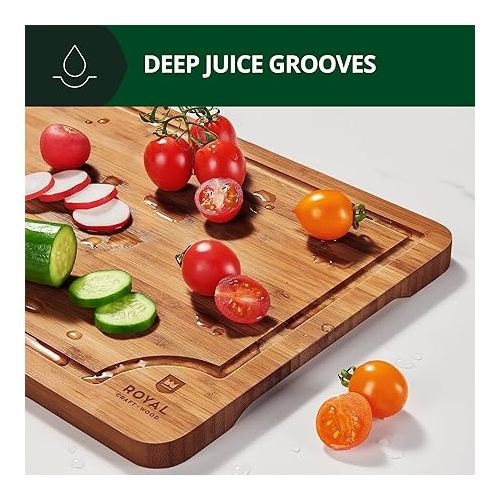  ROYAL CRAFT WOOD Wooden Cutting Boards for Kitchen Meal Prep & Serving - Bamboo Wood Serving Board Set with Deep Juice Groove Side Handles - Charcuterie & Chopping Butcher Block for Meat (3 Pcs)