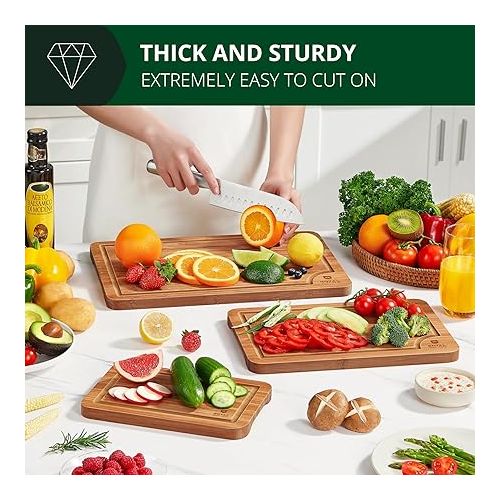  ROYAL CRAFT WOOD Wooden Cutting Boards for Kitchen Meal Prep & Serving - Bamboo Wood Serving Board Set with Deep Juice Groove Side Handles - Charcuterie & Chopping Butcher Block for Meat (3 Pcs)