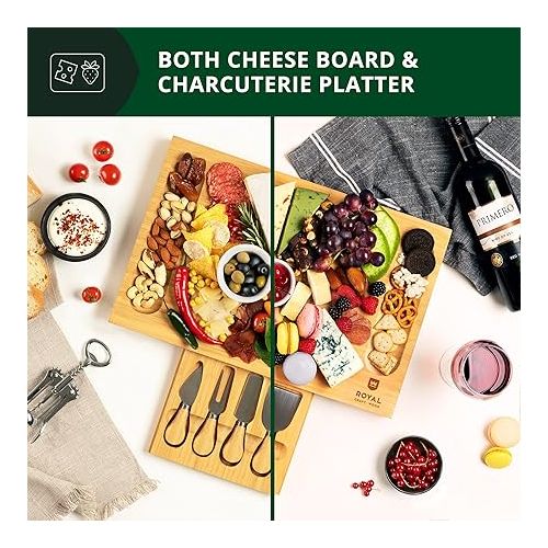  ROYAL CRAFT WOOD Unique Bamboo Charcuterie Board, Cheese Platter & Serving Tray Including 4 Stainless Steel Knife & Thick Wooden Server - Fancy House Warming Gift & Perfect Choice for Gourmets