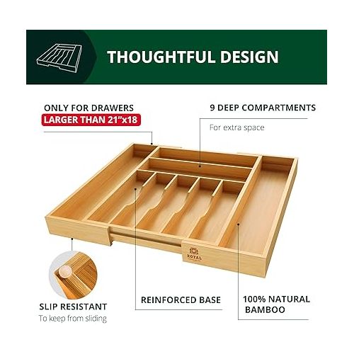  Luxury Bamboo Kitchen Drawer Organizer - Silverware Organizer - Utensil Holder and Cutlery Tray with Grooved Drawer Dividers for Flatware and Kitchen Utensils (9 Slot, Natural)