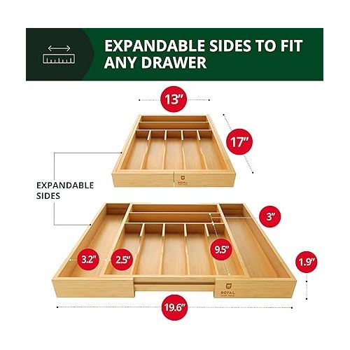  Luxury Bamboo Kitchen Drawer Organizer - Silverware Organizer - Utensil Holder and Cutlery Tray with Grooved Drawer Dividers for Flatware and Kitchen Utensils (9 Slot, Natural)