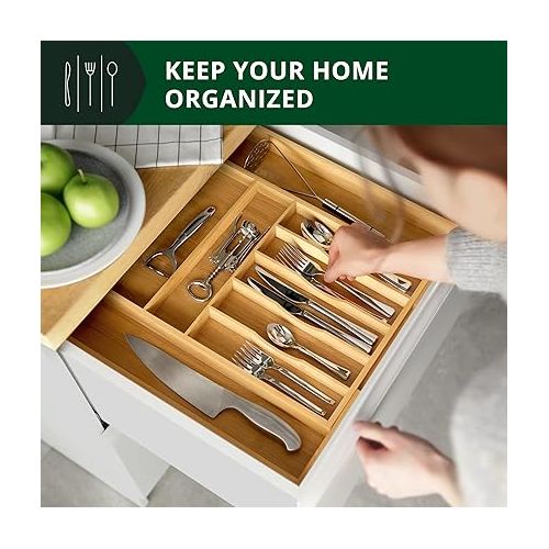  Luxury Bamboo Kitchen Drawer Organizer - Silverware Organizer - Utensil Holder and Cutlery Tray with Grooved Drawer Dividers for Flatware and Kitchen Utensils (9 Slot, Natural)