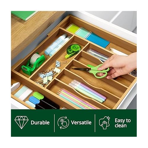  Luxury Bamboo Kitchen Drawer Organizer - Silverware Organizer - Utensil Holder and Cutlery Tray with Grooved Drawer Dividers for Flatware and Kitchen Utensils (9 Slot, Natural)