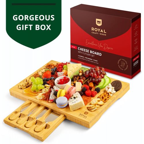  [아마존베스트]ROYAL CRAFT WOOD Unique Bamboo Cheese Board, Charcuterie Platter & Serving Tray Including 4 Stainless Steel Knife & Thick Wooden Server - Fancy House Warming Gift & Perfect Choice for Gourmets (Bam