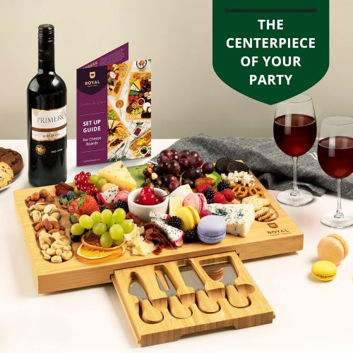  [아마존베스트]ROYAL CRAFT WOOD Unique Bamboo Cheese Board, Charcuterie Platter & Serving Tray Including 4 Stainless Steel Knife & Thick Wooden Server - Fancy House Warming Gift & Perfect Choice for Gourmets (Bam